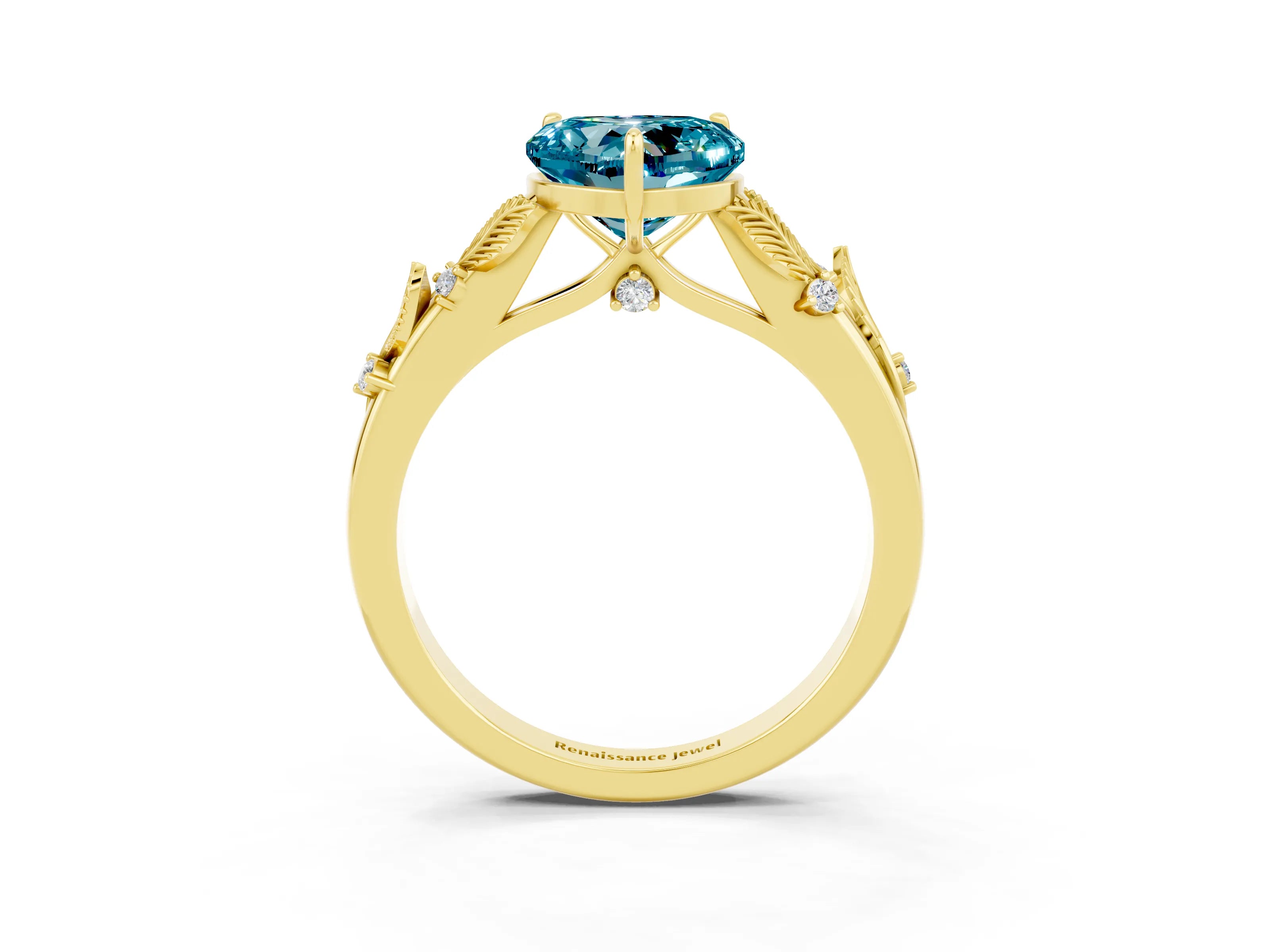 Yellow gold Heart Cut Blue Topaz Solitaire Ring with Leaf Motif Band and Four-Prong Setting_3