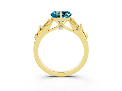 Yellow gold Heart Cut Blue Topaz Solitaire Ring with Leaf Motif Band and Four-Prong Setting_3