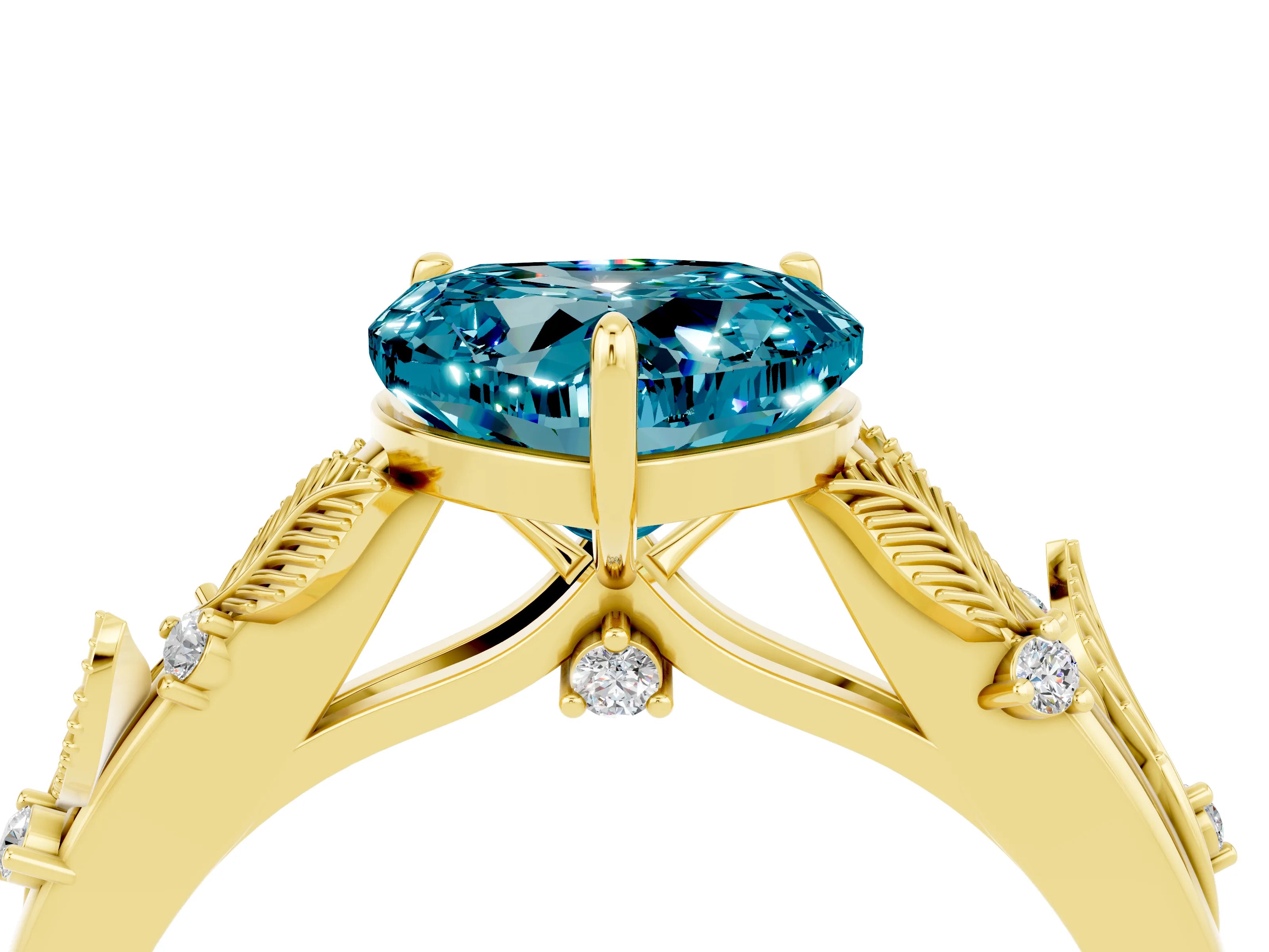 Yellow gold Heart Cut Blue Topaz Solitaire Ring with Leaf Motif Band and Four-Prong Setting_4