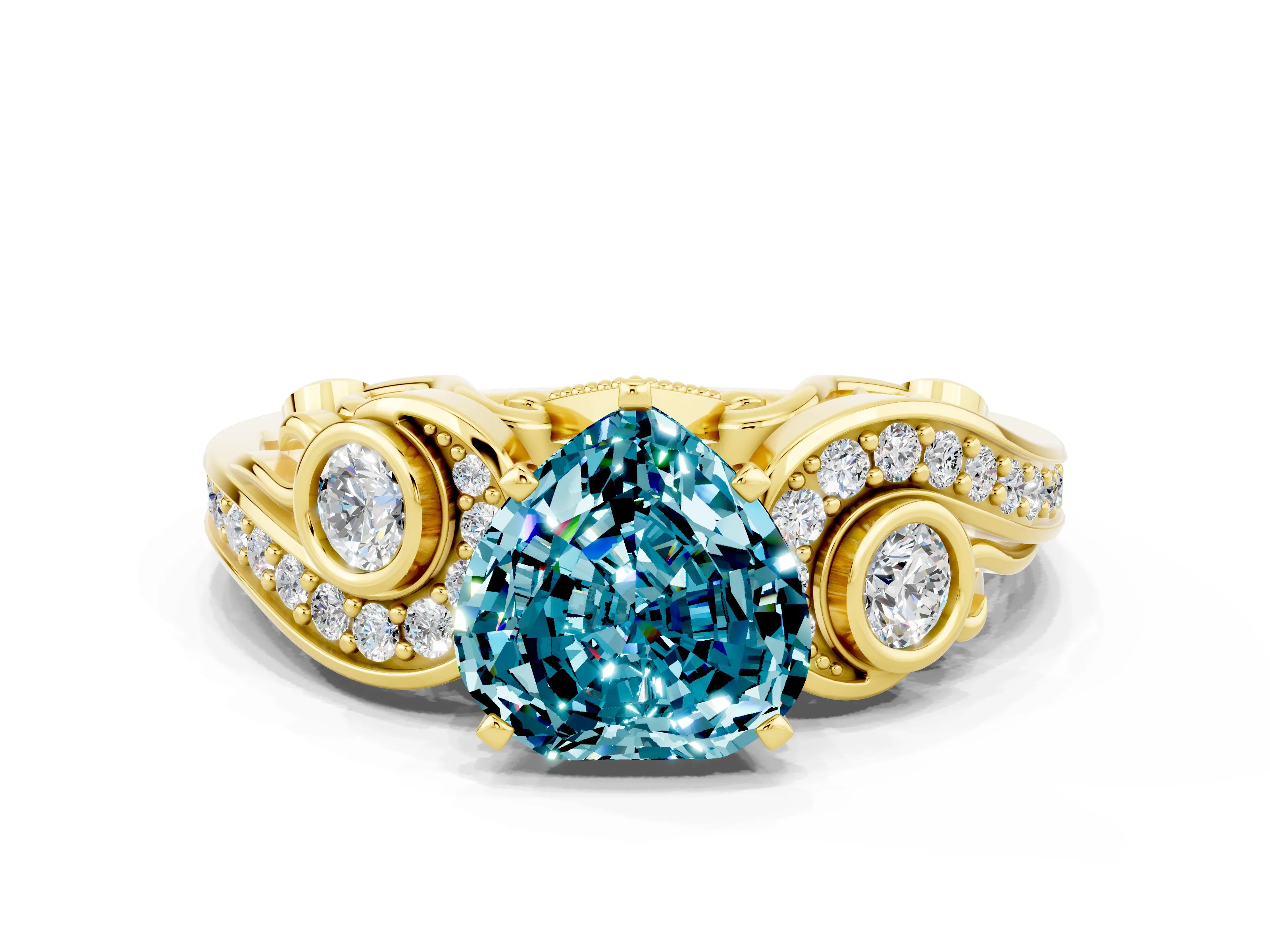 Yellow gold Heart Cut Blue Topaz Solitaire Ring with Milgrain Pavé Band and Four-Prong Setting_24