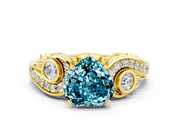 Yellow gold Heart Cut Blue Topaz Solitaire Ring with Milgrain Pavé Band and Four-Prong Setting