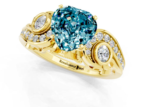 Yellow gold Heart Cut Blue Topaz Solitaire Ring with Milgrain Pavé Band and Four-Prong Setting_25