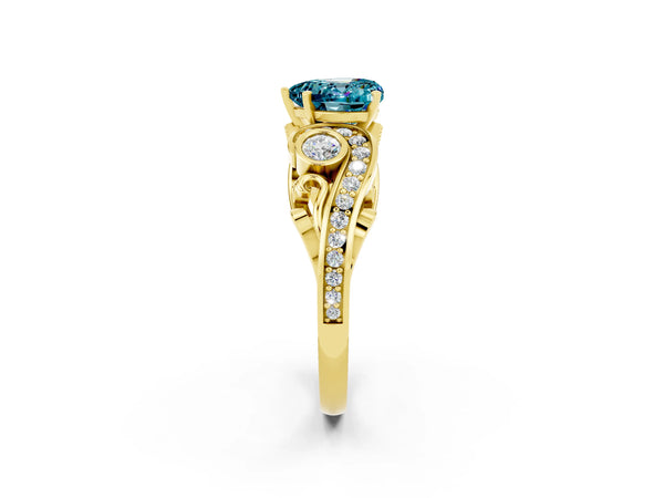 Yellow gold Heart Cut Blue Topaz Solitaire Ring with Milgrain Pavé Band and Four-Prong Setting