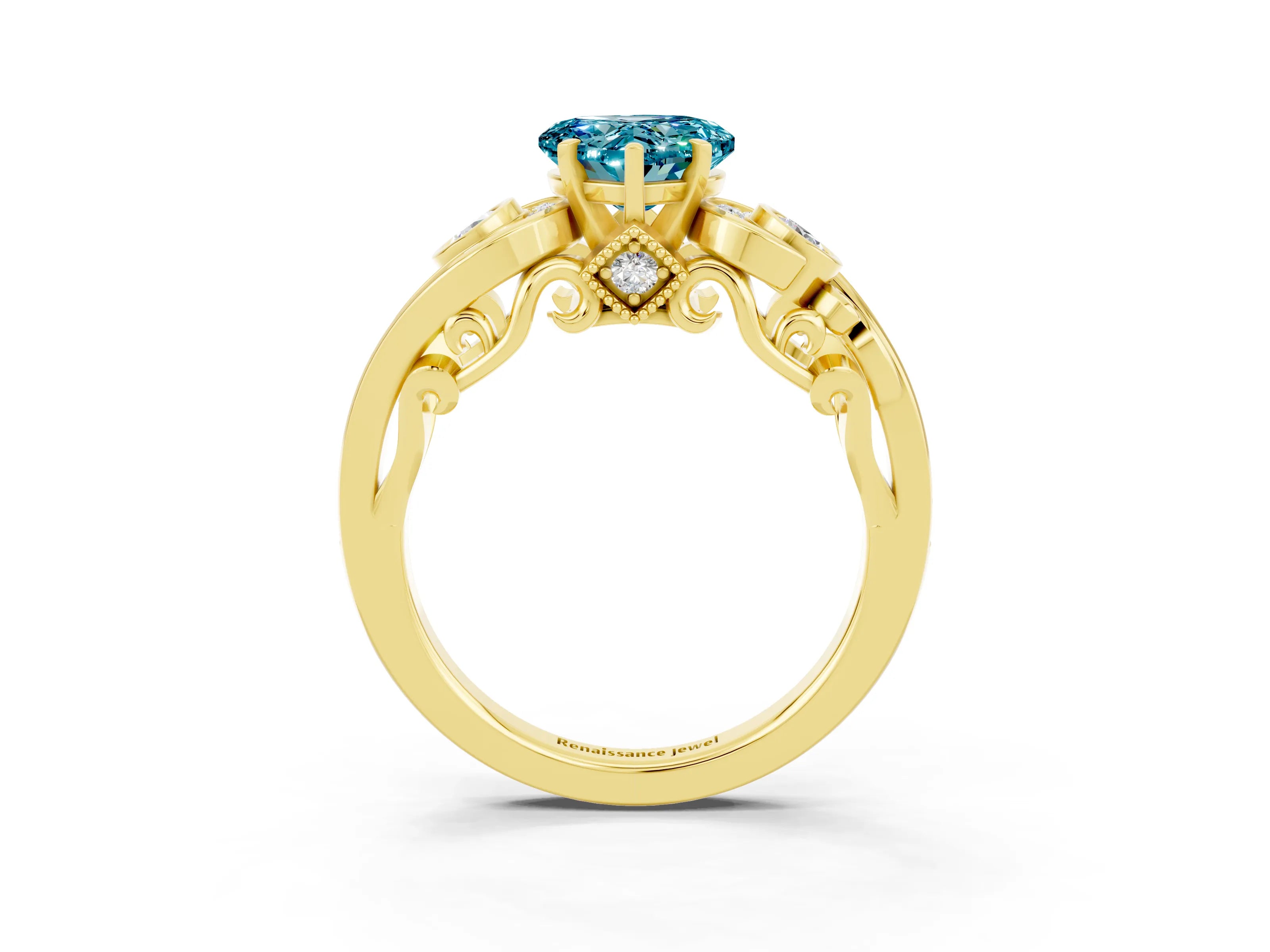 Yellow gold Heart Cut Blue Topaz Solitaire Ring with Milgrain Pavé Band and Four-Prong Setting_27