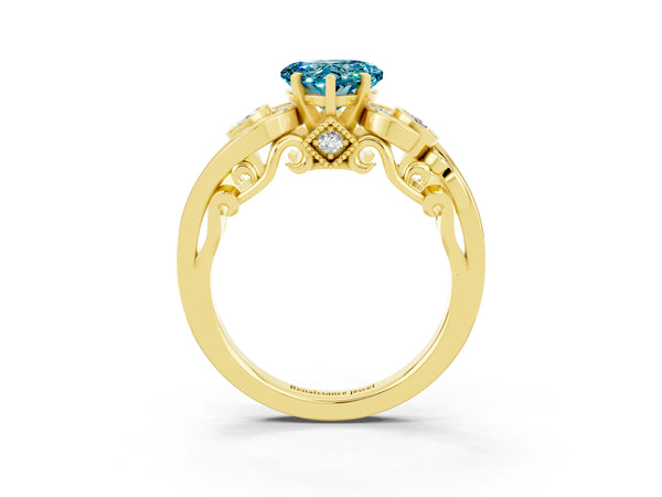 Yellow gold Heart Cut Blue Topaz Solitaire Ring with Milgrain Pavé Band and Four-Prong Setting