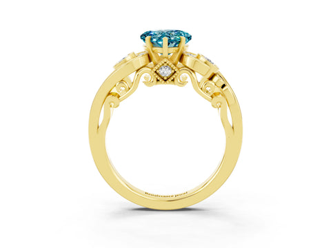 Yellow gold Heart Cut Blue Topaz Solitaire Ring with Milgrain Pavé Band and Four-Prong Setting_27