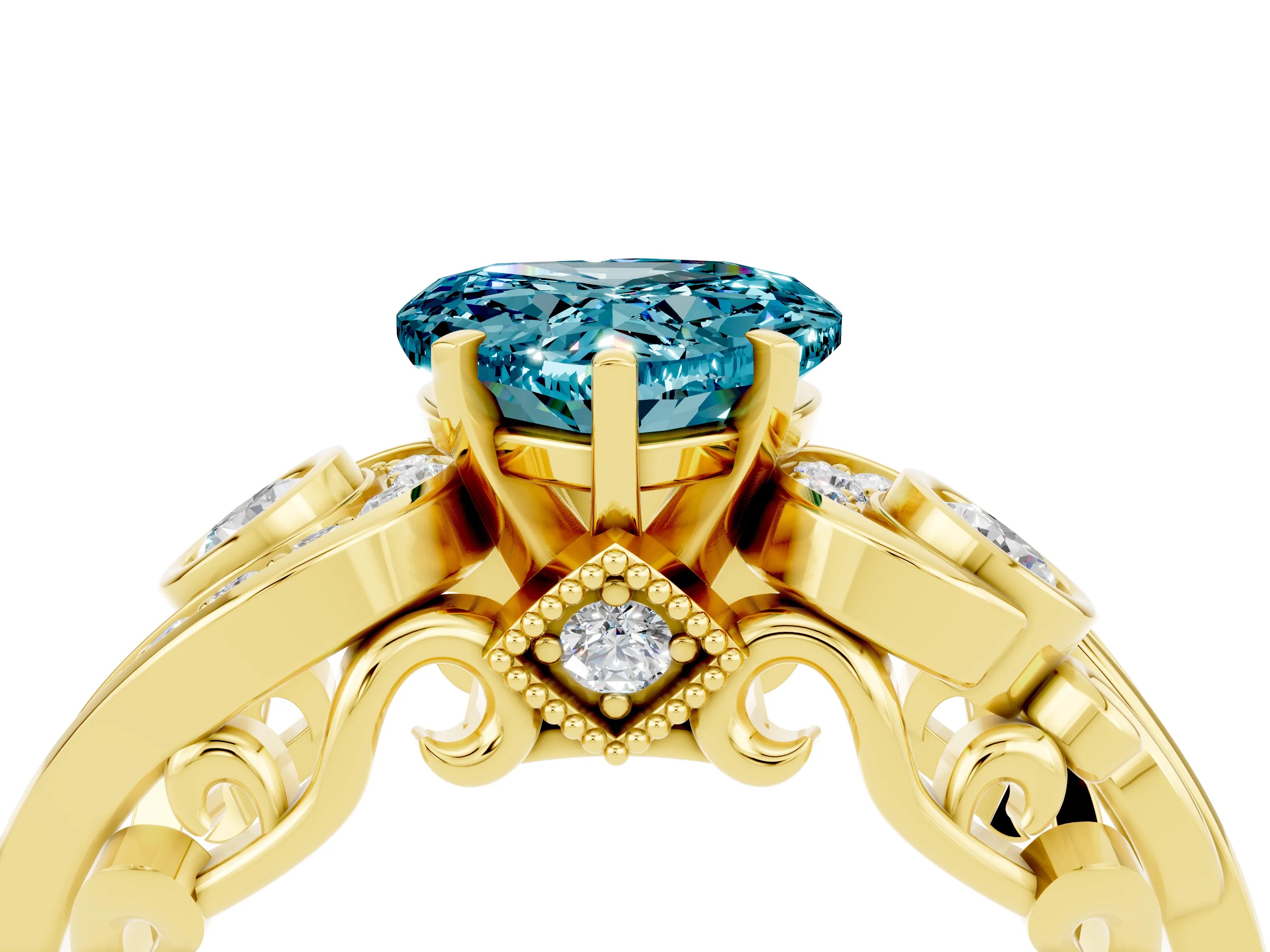 Yellow gold Heart Cut Blue Topaz Solitaire Ring with Milgrain Pavé Band and Four-Prong Setting_28