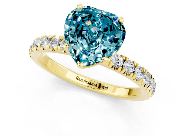 Yellow gold Heart Cut Blue Topaz Solitaire Ring with Pavé Accents and Four-Prong Setting