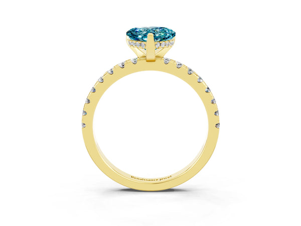 Yellow gold Heart Cut Blue Topaz Solitaire Ring with Round  Pavé Band and Four-Prong Setting