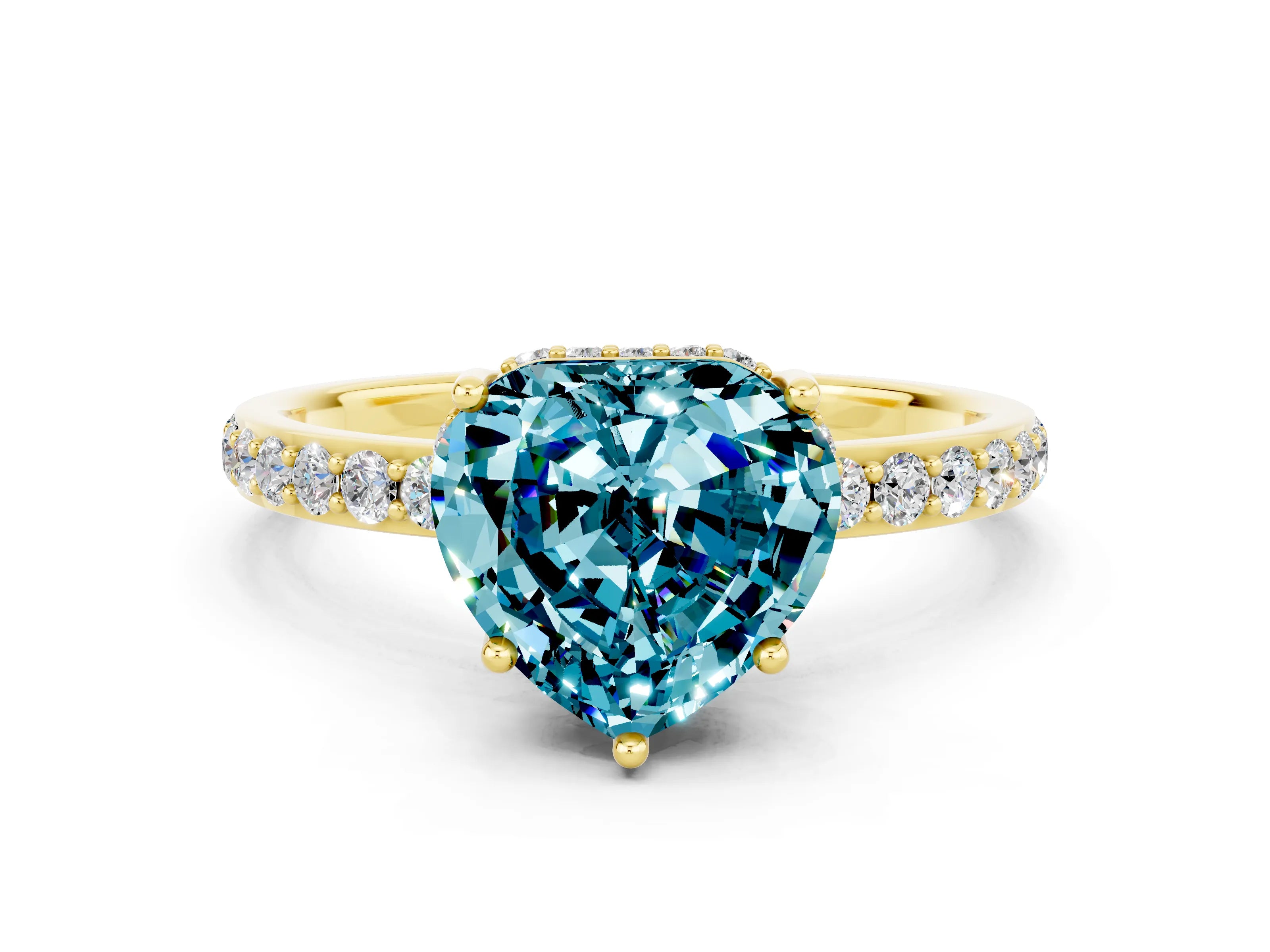 Yellow gold Heart Cut Blue Topaz Solitaire Ring with Pavé Band and Hidden Halo_12