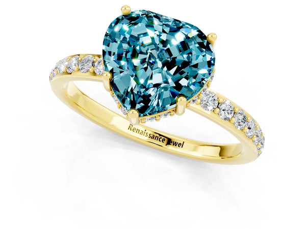 Yellow gold Heart Cut Blue Topaz Solitaire Ring with Pavé Band and Hidden Halo