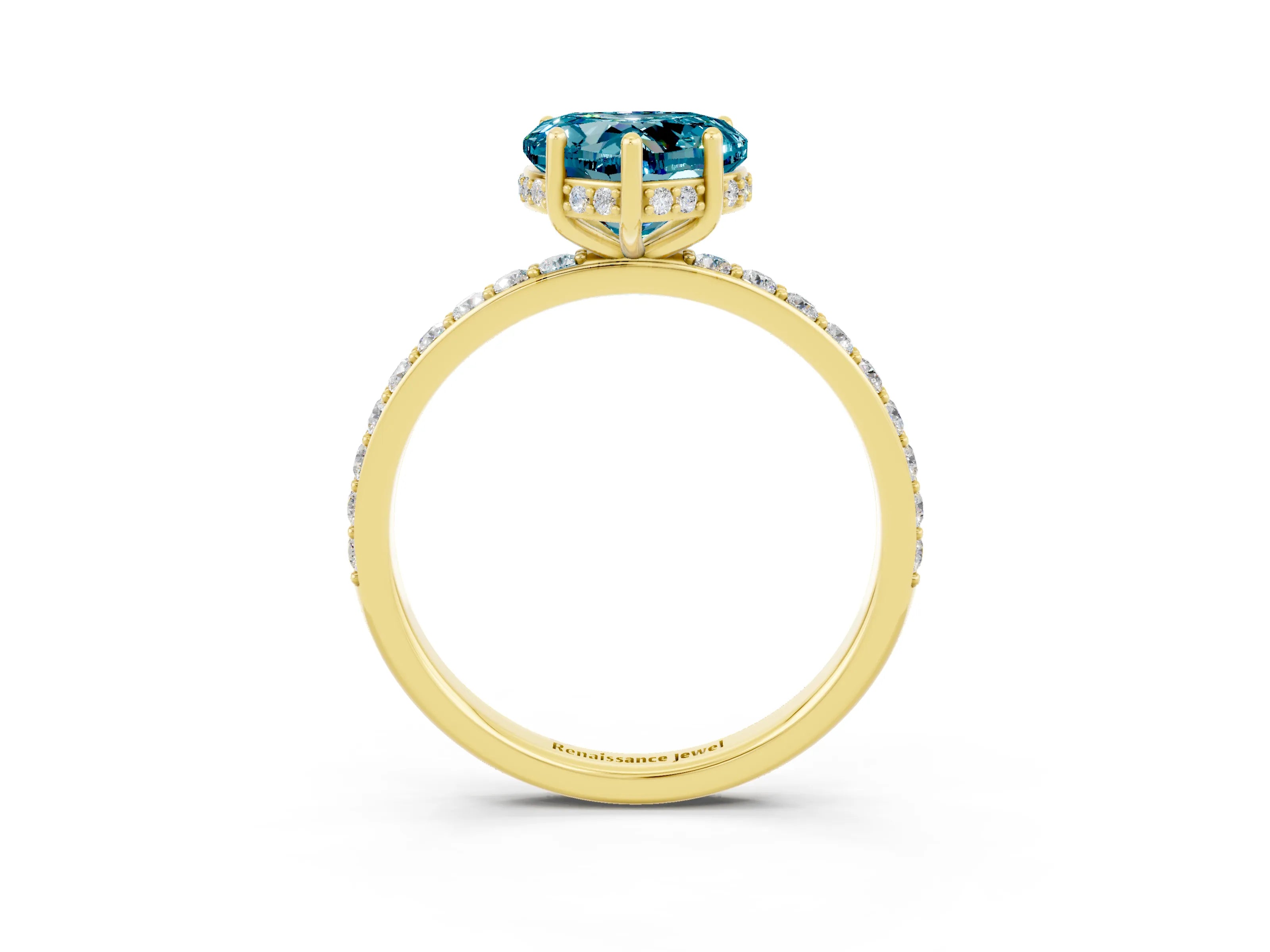 Yellow gold Heart Cut Blue Topaz Solitaire Ring with Pavé Band and Hidden Halo_15