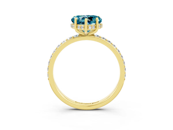 Yellow gold Heart Cut Blue Topaz Solitaire Ring with Pavé Band and Hidden Halo
