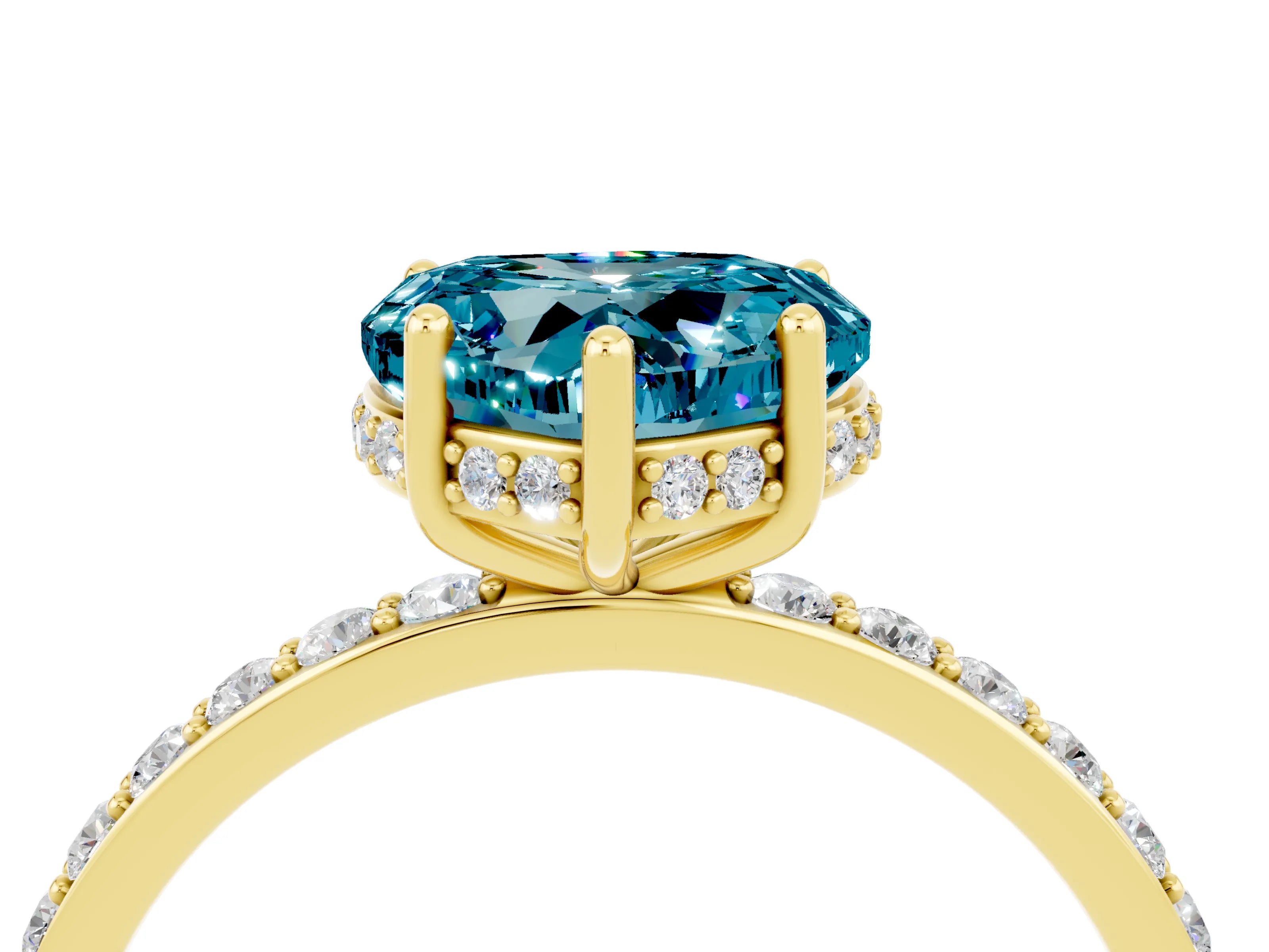 Yellow gold Heart Cut Blue Topaz Solitaire Ring with Pavé Band and Hidden Halo_16