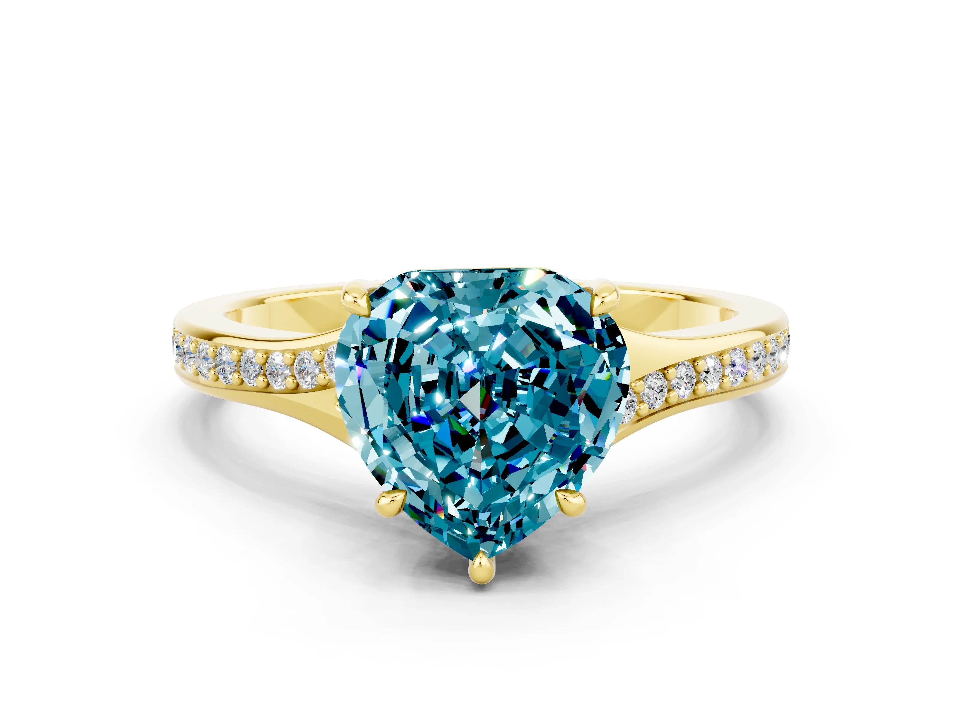 Yellow gold Heart Cut Blue Topaz Solitaire Ring with Pavé Band and Prong Setting