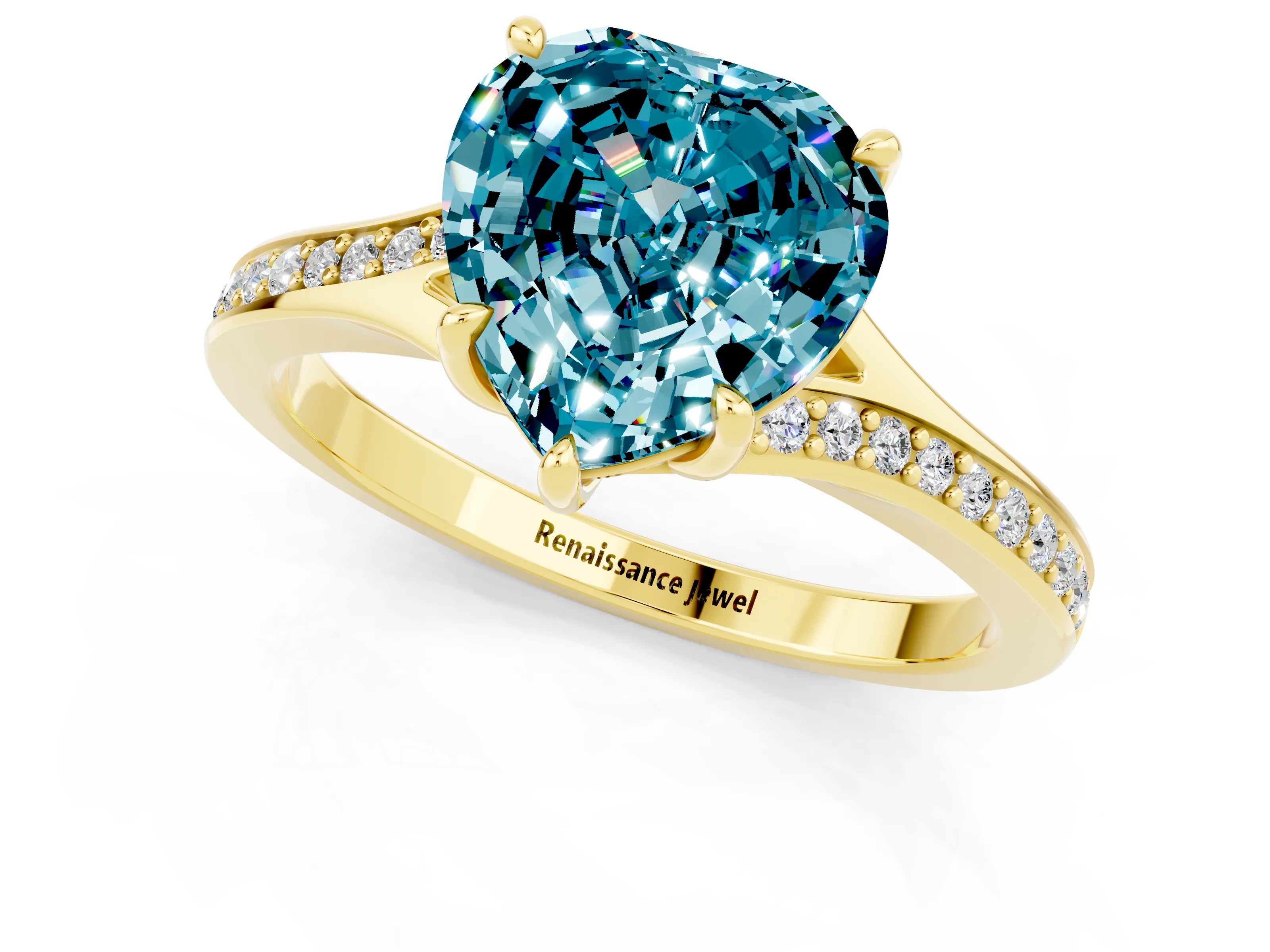 Yellow gold Heart Cut Blue Topaz Solitaire Ring with Pavé Band and Prong Setting_13
