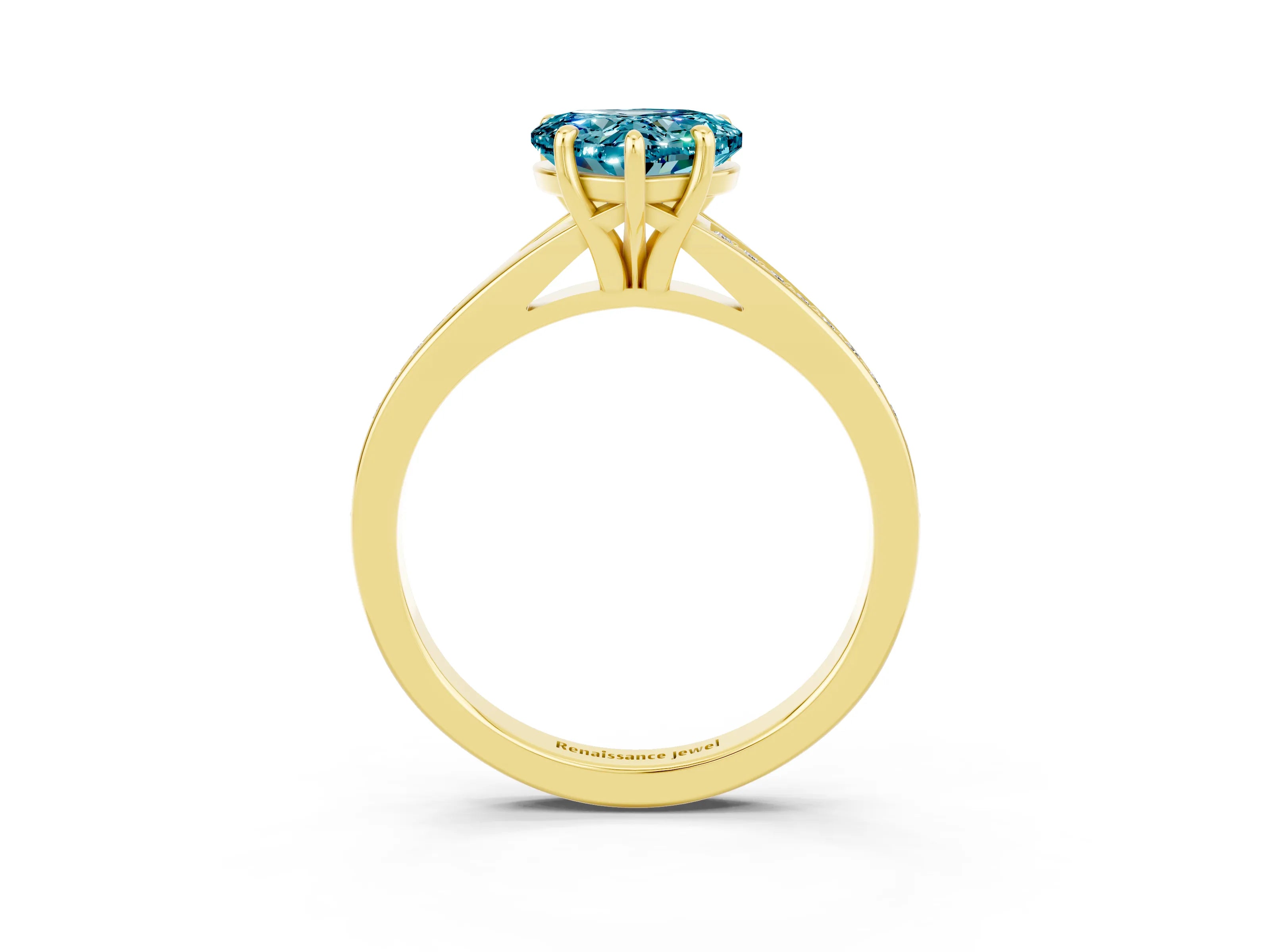 Yellow gold Heart Cut Blue Topaz Solitaire Ring with Pavé Band and Prong Setting_3