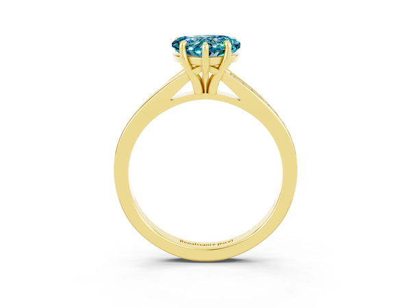 Yellow gold Heart Cut Blue Topaz Solitaire Ring with Pavé Band and Prong Setting