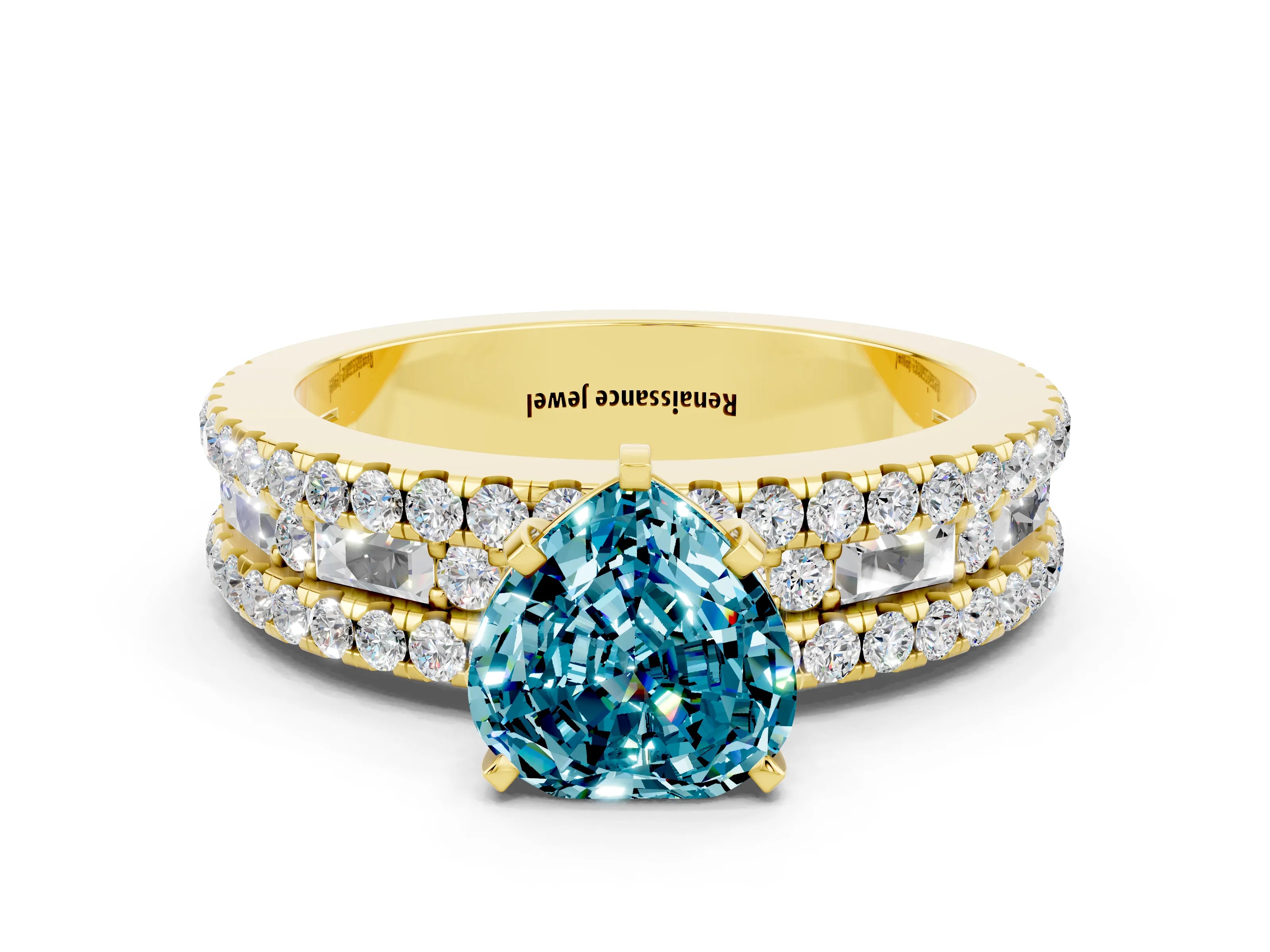 Yellow gold Heart Cut Blue Topaz Solitaire Ring with Pavé and Channel Set Band