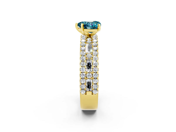 Yellow gold Heart Cut Blue Topaz Solitaire Ring with Pavé and Channel Set Band