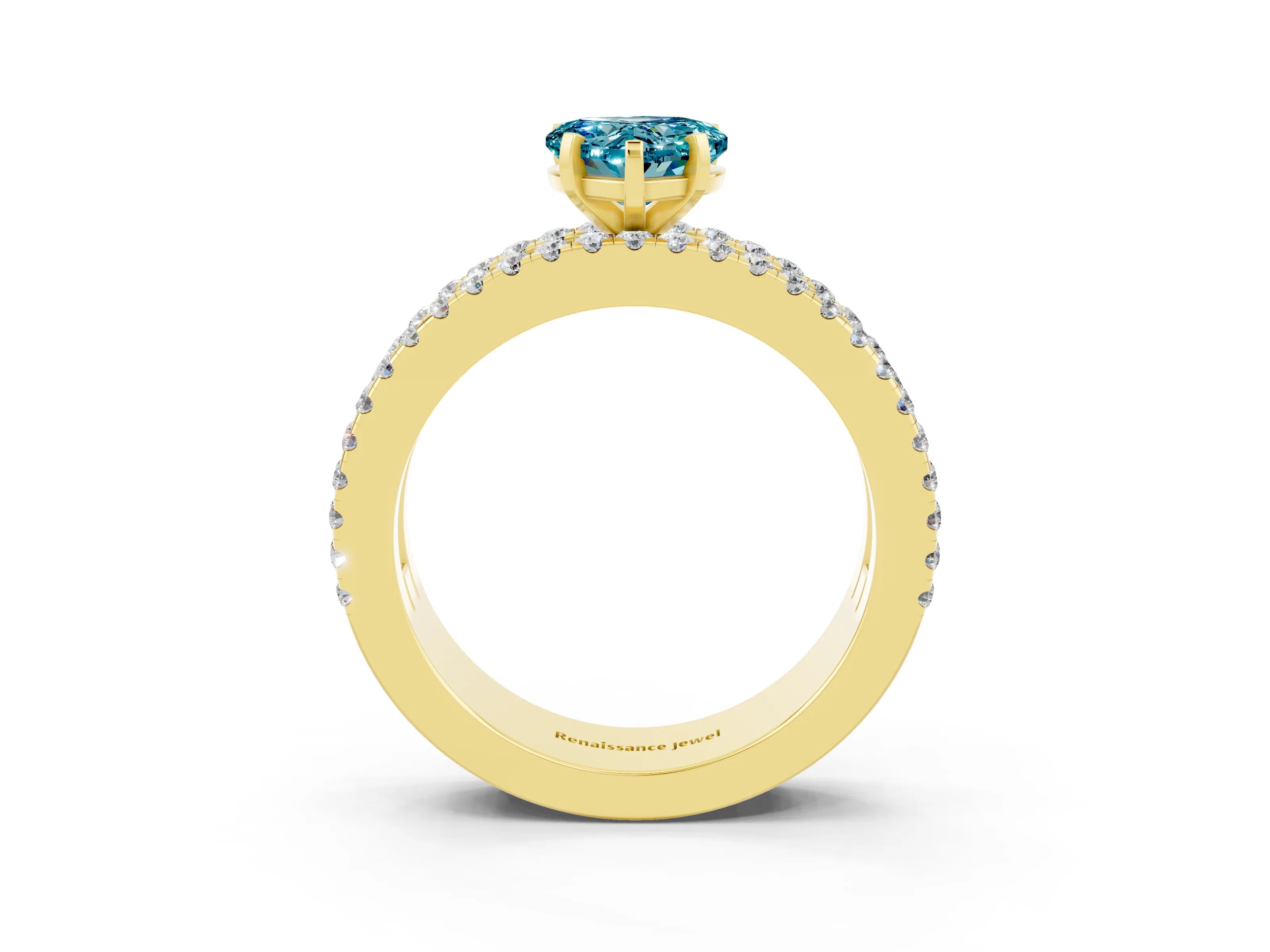 Yellow gold Heart Cut Blue Topaz Solitaire Ring with Pavé and Channel Set Band_3