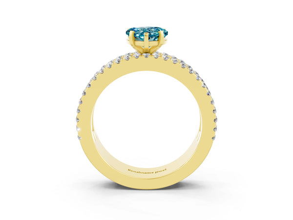 Yellow gold Heart Cut Blue Topaz Solitaire Ring with Pavé and Channel Set Band