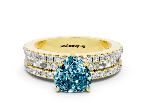 Yellow gold Heart Cut Blue Topaz Solitaire Ring with Pavé and Channel Set Band