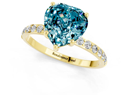 Yellow gold Heart Cut Blue Topaz Solitaire Ring with Pave Band and Four Prong Setting_13