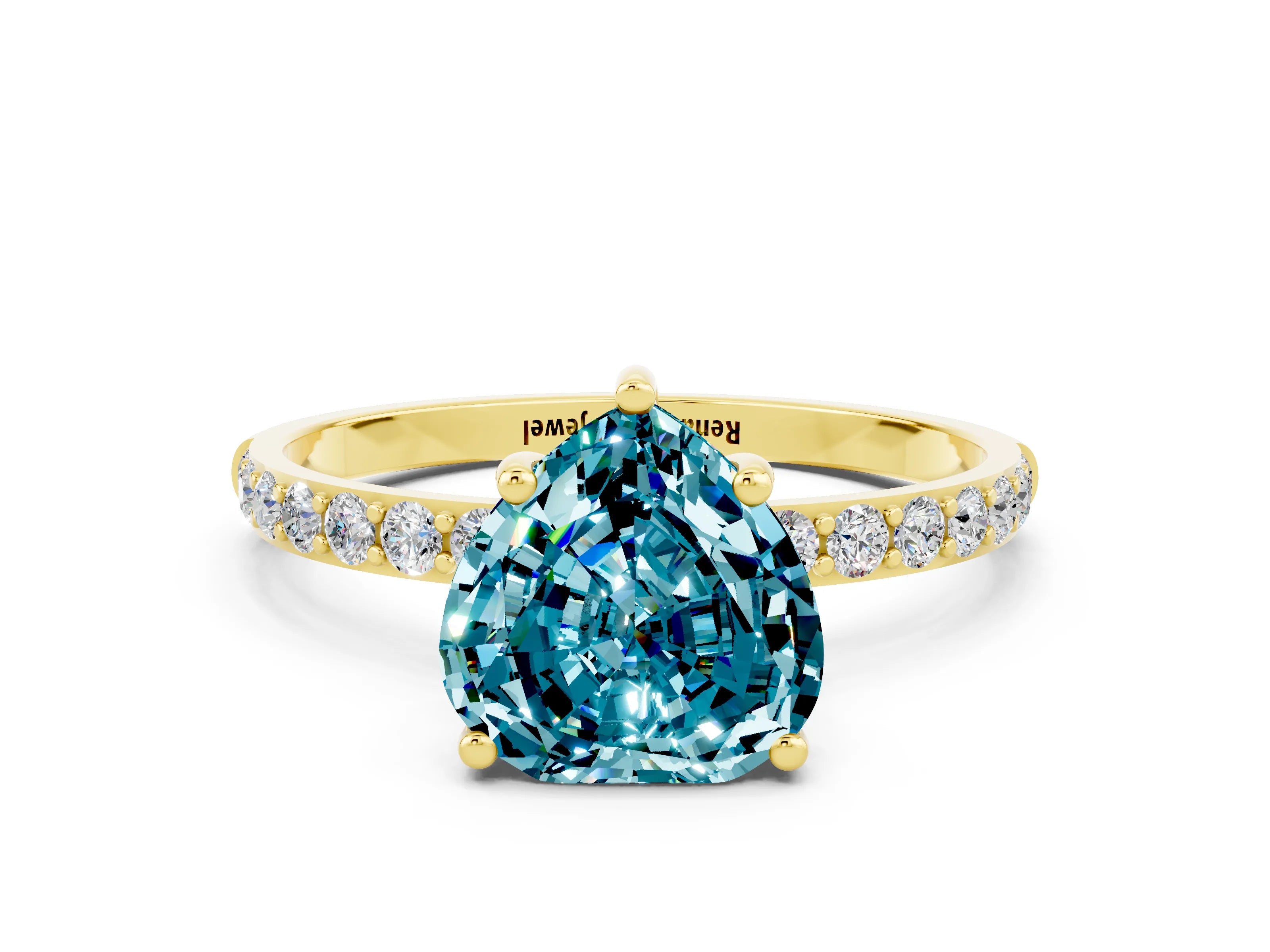 Yellow gold Heart Cut Blue Topaz Solitaire Ring with Pave Band and Four Prong Setting_24