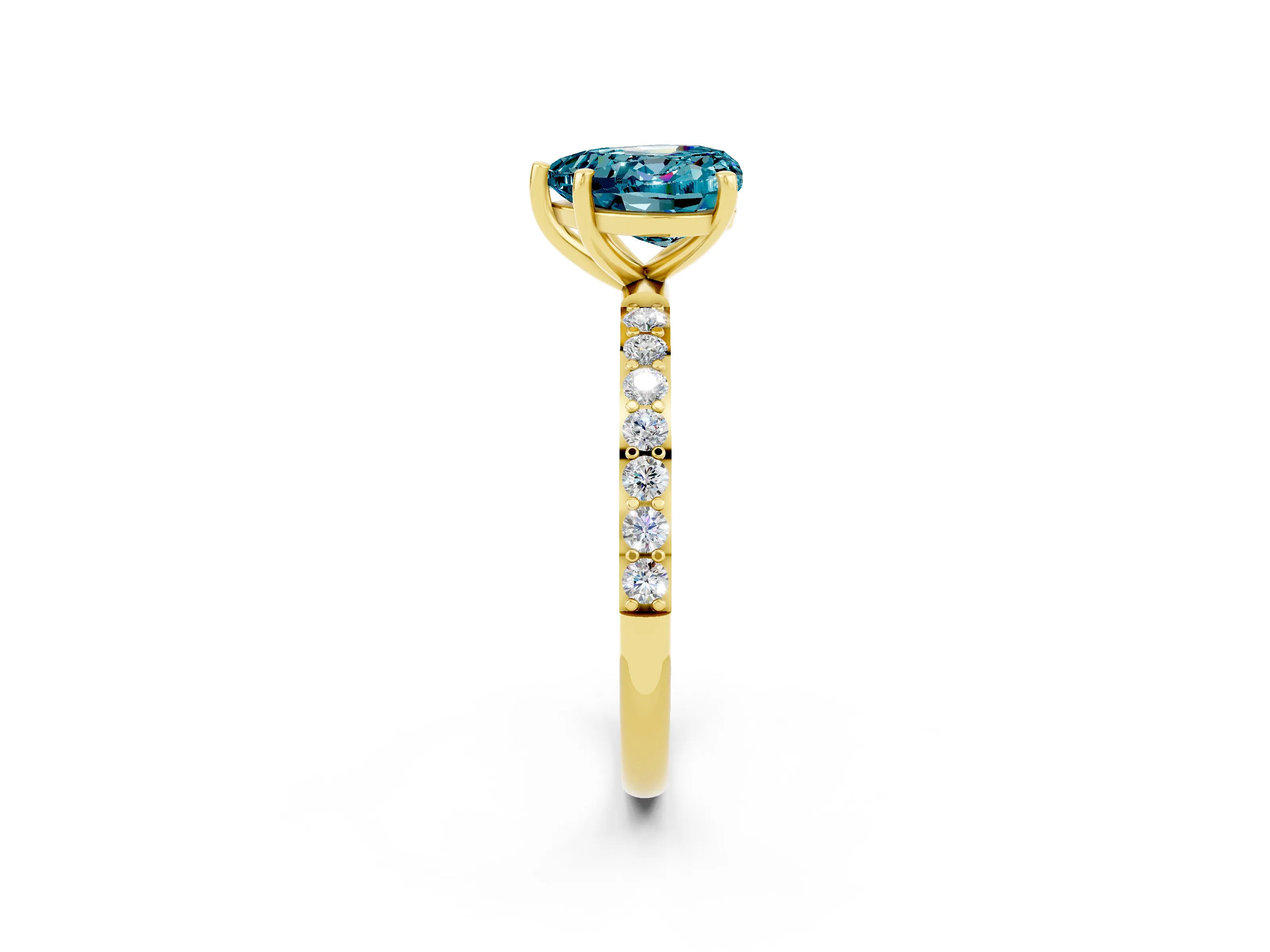 Yellow gold Heart Cut Blue Topaz Solitaire Ring with Pave Band and Four Prong Setting_26