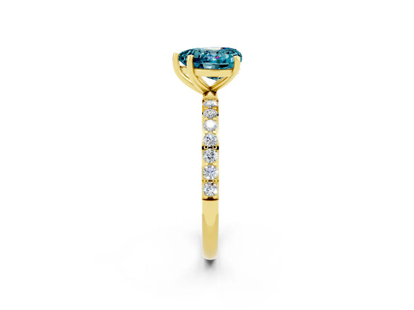 Yellow gold Heart Cut Blue Topaz Solitaire Ring with Round  Pavé Band and Prong Setting
