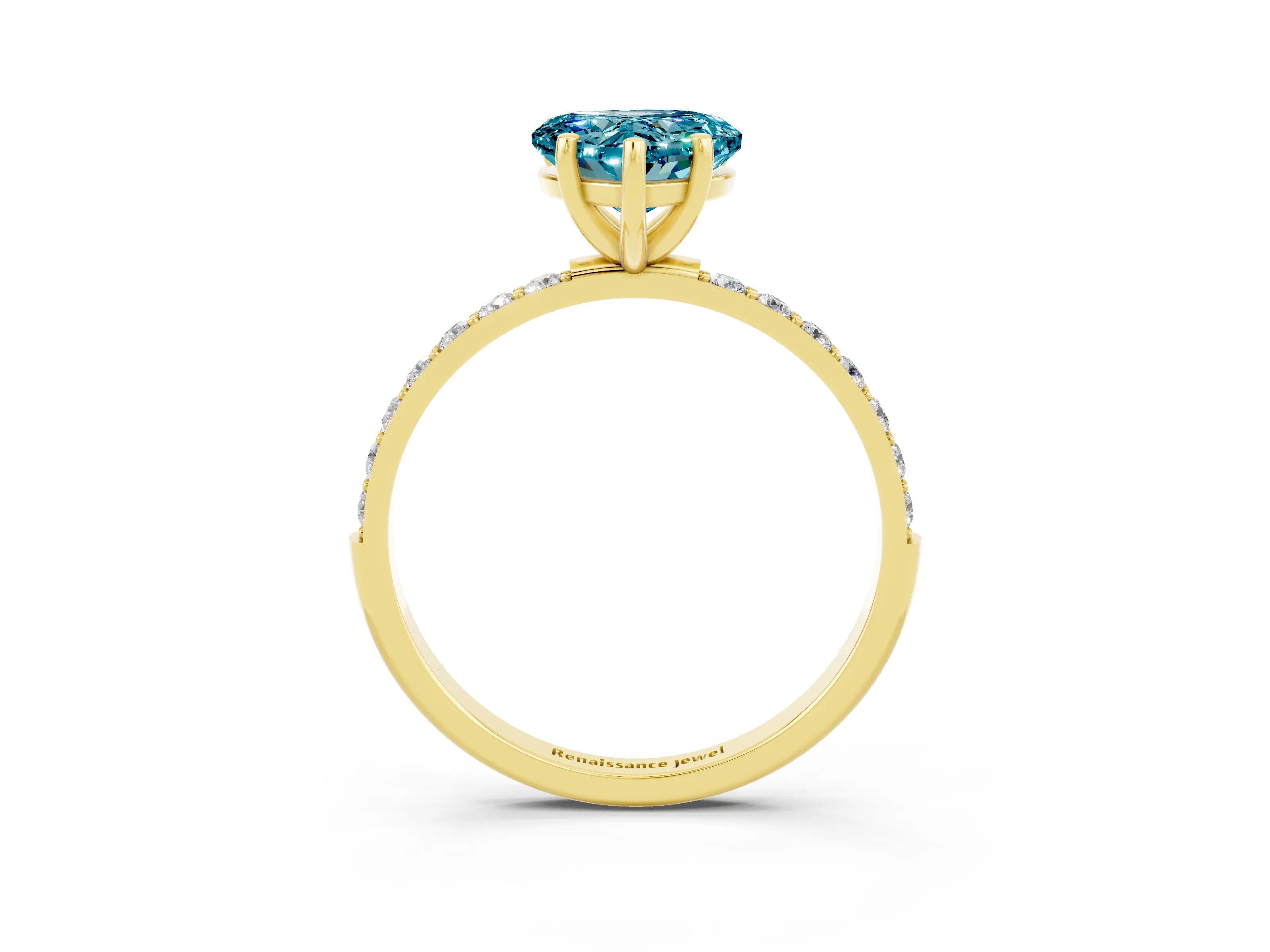 Yellow gold Heart Cut Blue Topaz Solitaire Ring with Pave Band and Four Prong Setting_27