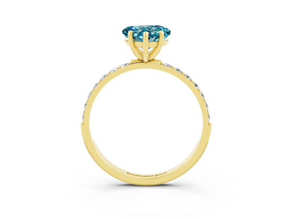 Yellow gold Heart Cut Blue Topaz Solitaire Ring with Round  Pavé Band and Prong Setting