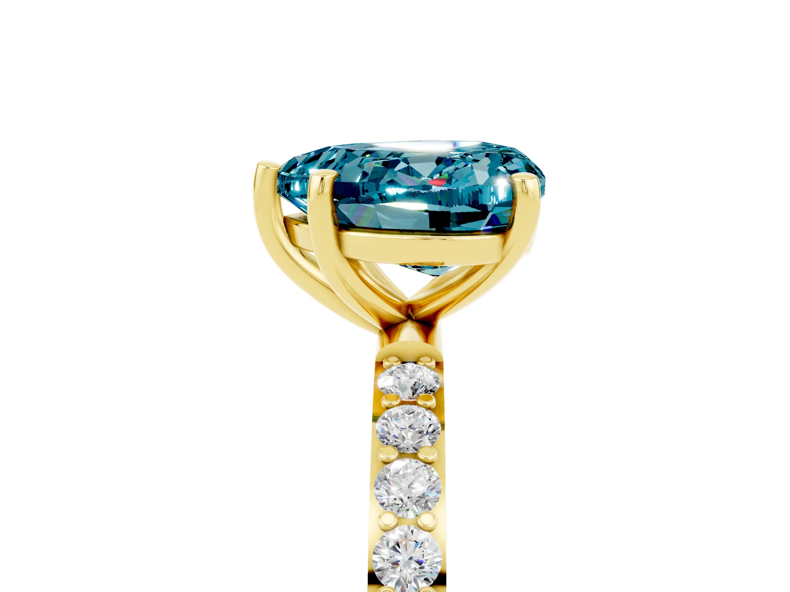 Yellow gold Heart Cut Blue Topaz Solitaire Ring with Pave Band and Four Prong Setting_29