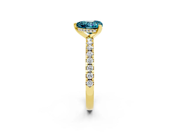 Yellow gold Heart Cut Blue Topaz Solitaire Ring with Round Pavé Band and Four-Prong Setting
