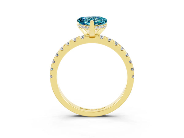 Yellow gold Heart Cut Blue Topaz Solitaire Ring with Round Pavé Band and Four-Prong Setting