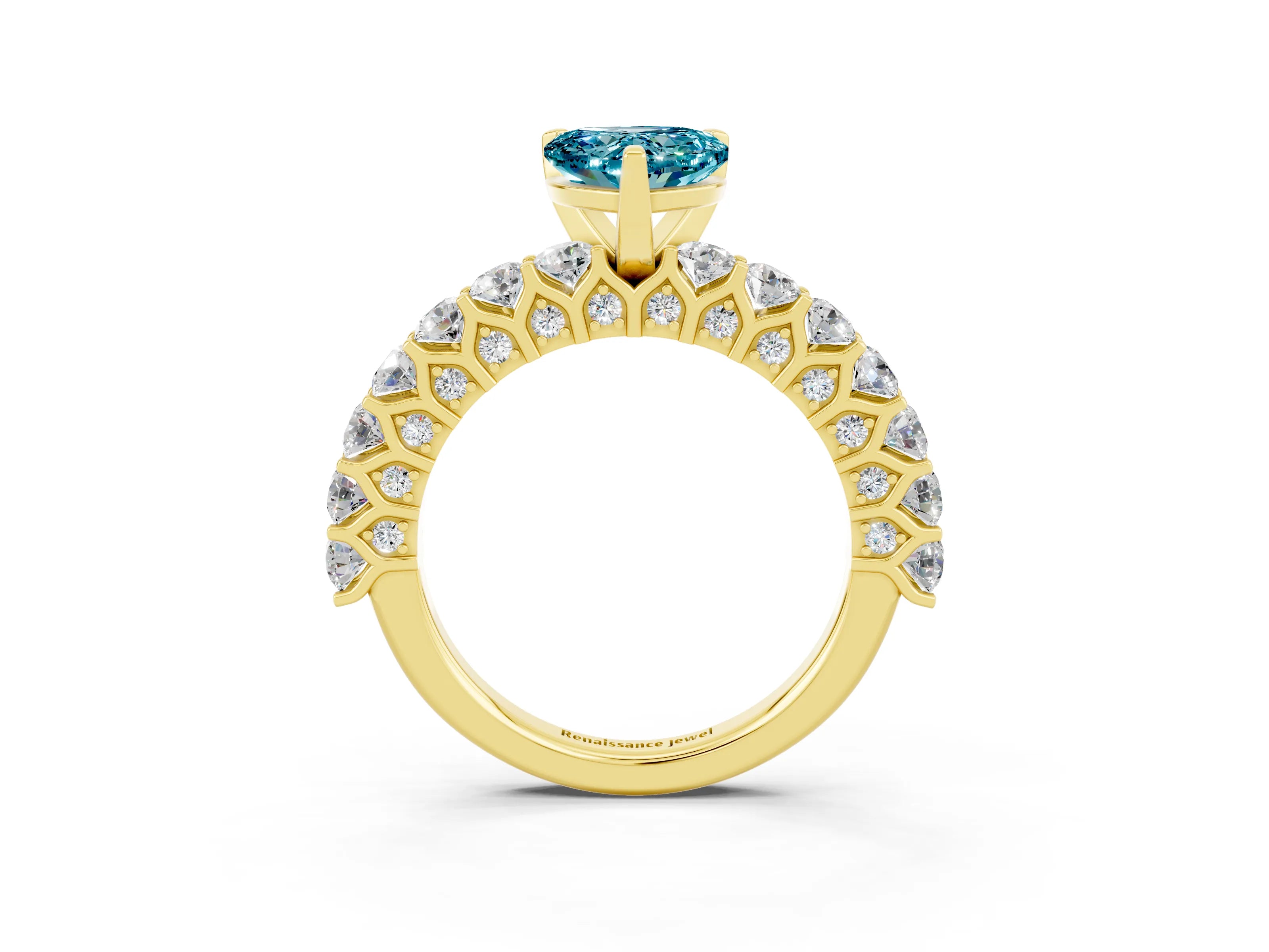 Yellow gold Heart Cut Blue Topaz Solitaire Ring with Shared Prong Pavé Band and Four-Prong Setting_15