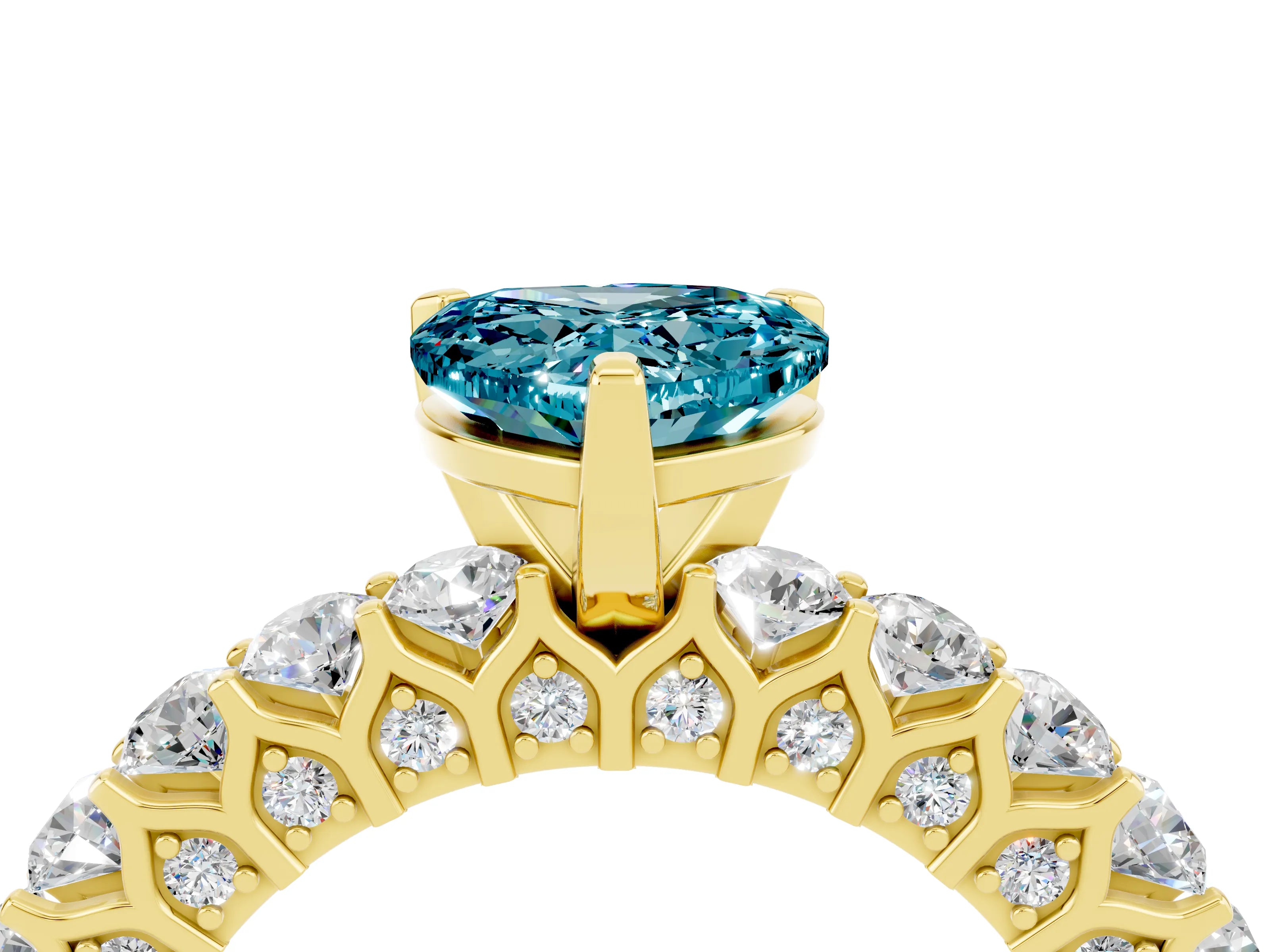 Yellow gold Heart Cut Blue Topaz Solitaire Ring with Shared Prong Pavé Band and Four-Prong Setting_16
