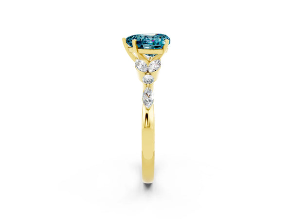 Yellow gold Heart Cut Blue Topaz Solitaire Ring with Side Stones and Four-Prong Setting
