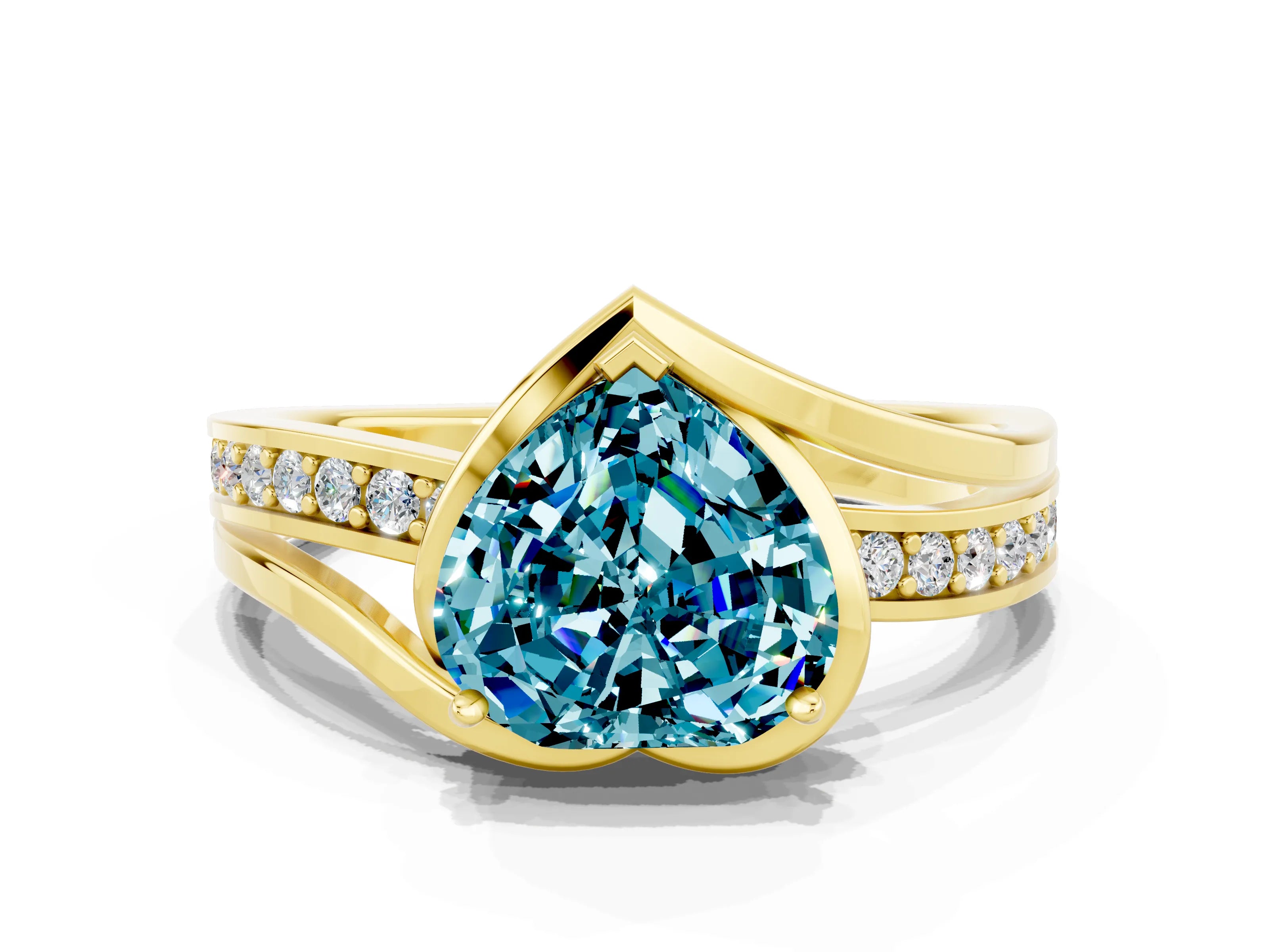 Yellow gold Heart Cut Blue Topaz Solitaire Ring with Split Shank and Prong Setting