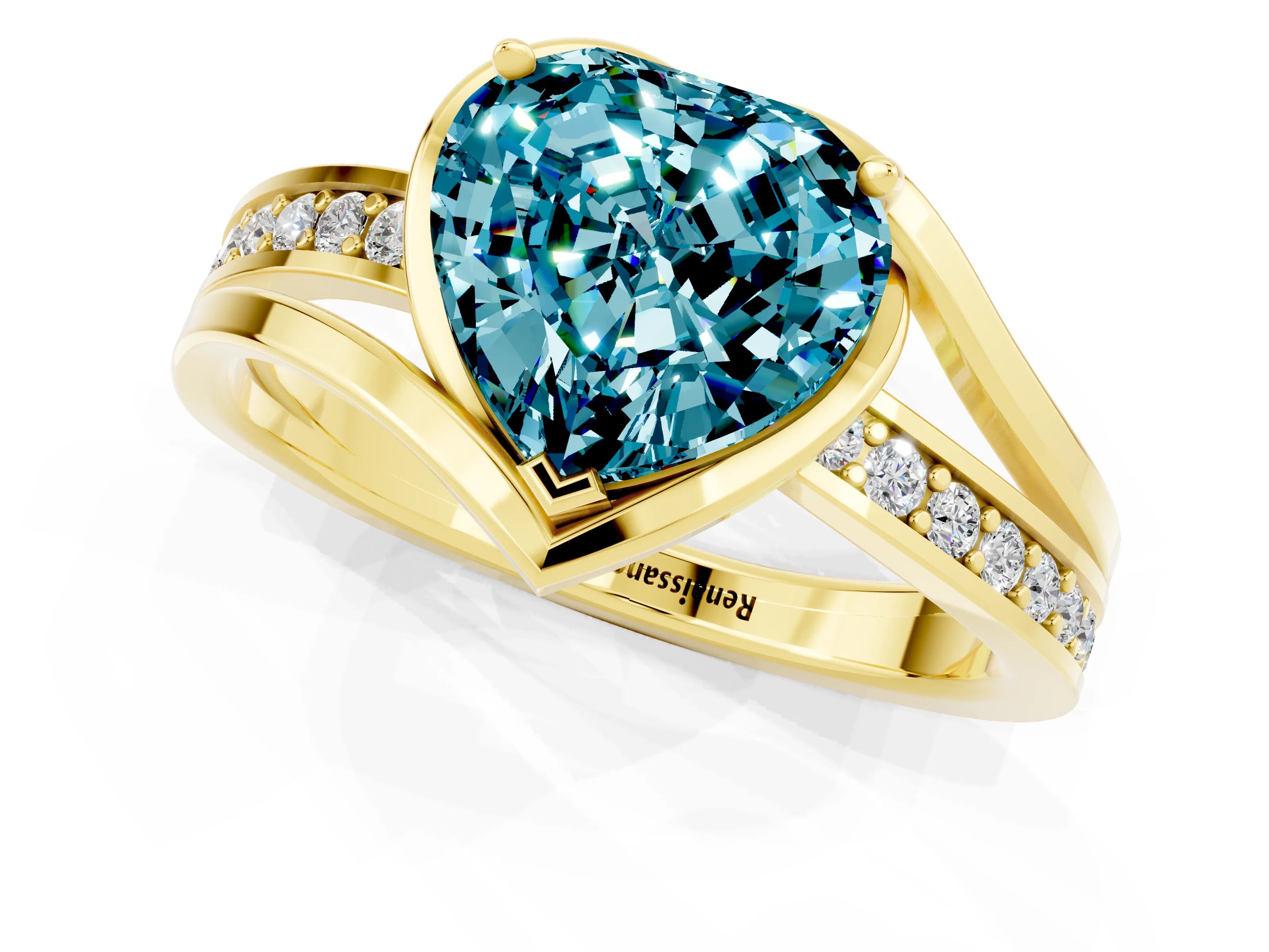 Yellow gold Heart Cut Blue Topaz Solitaire Ring with Split Shank and Prong Setting_1