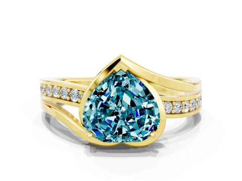 Yellow gold Heart Cut Blue Topaz Solitaire Ring with Split Shank and Prong Setting