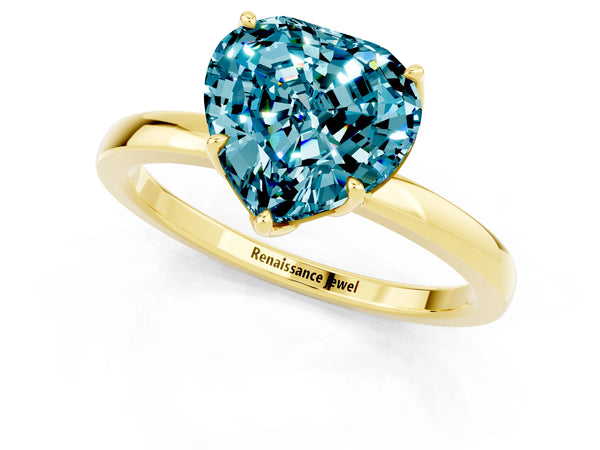 Yellow gold Heart Cut Blue Topaz Solitaire Ring with Thin Band and Prong Setting