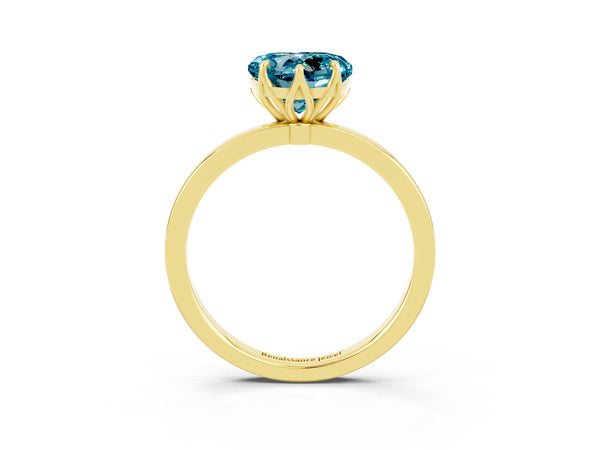 Yellow gold Heart Cut Blue Topaz Solitaire Ring with Thin Band and Prong Setting