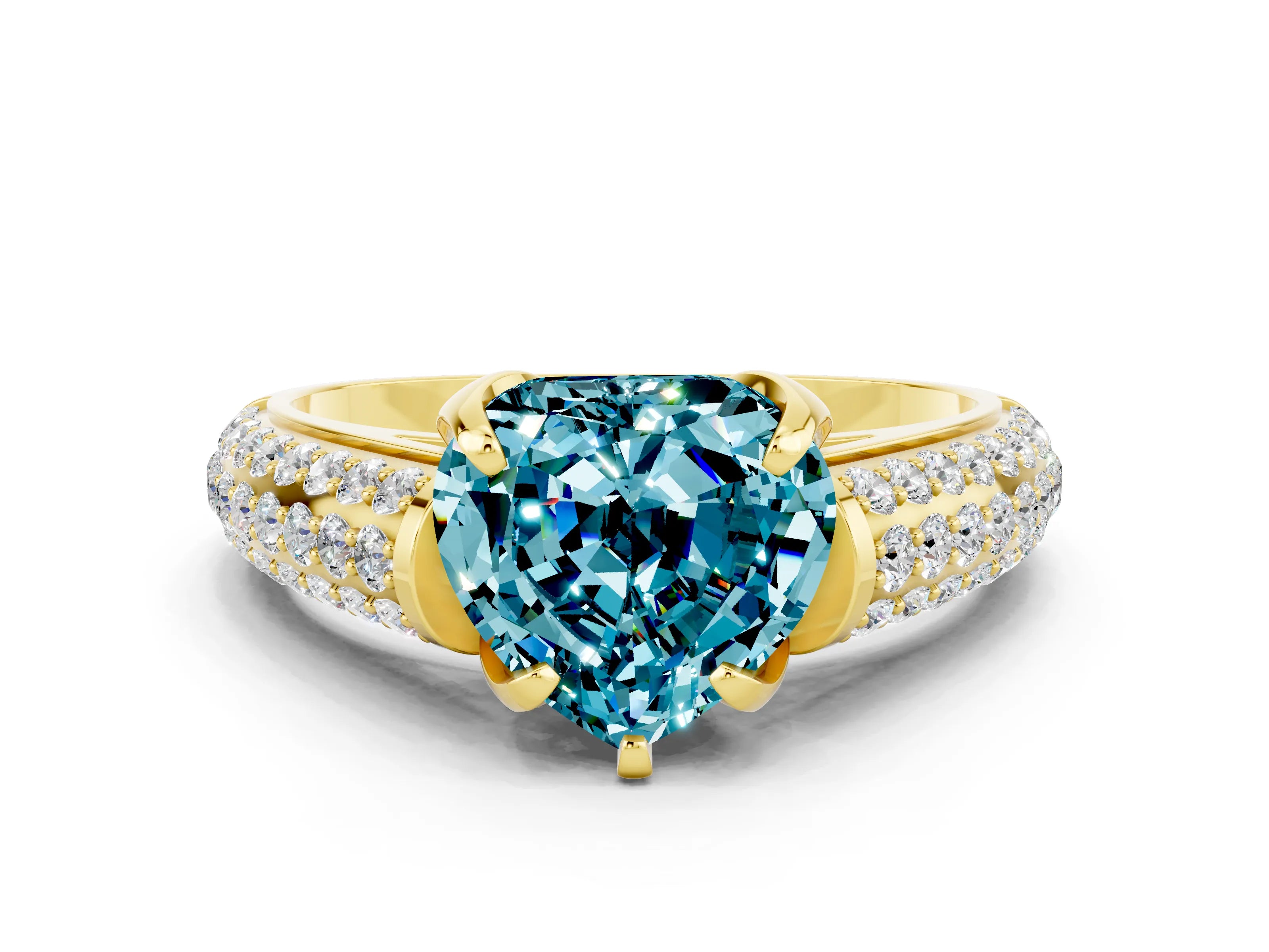 Yellow gold Heart Cut Blue Topaz Solitaire Ring with Three-Row Pavé Band and Four-Prong Setting_12
