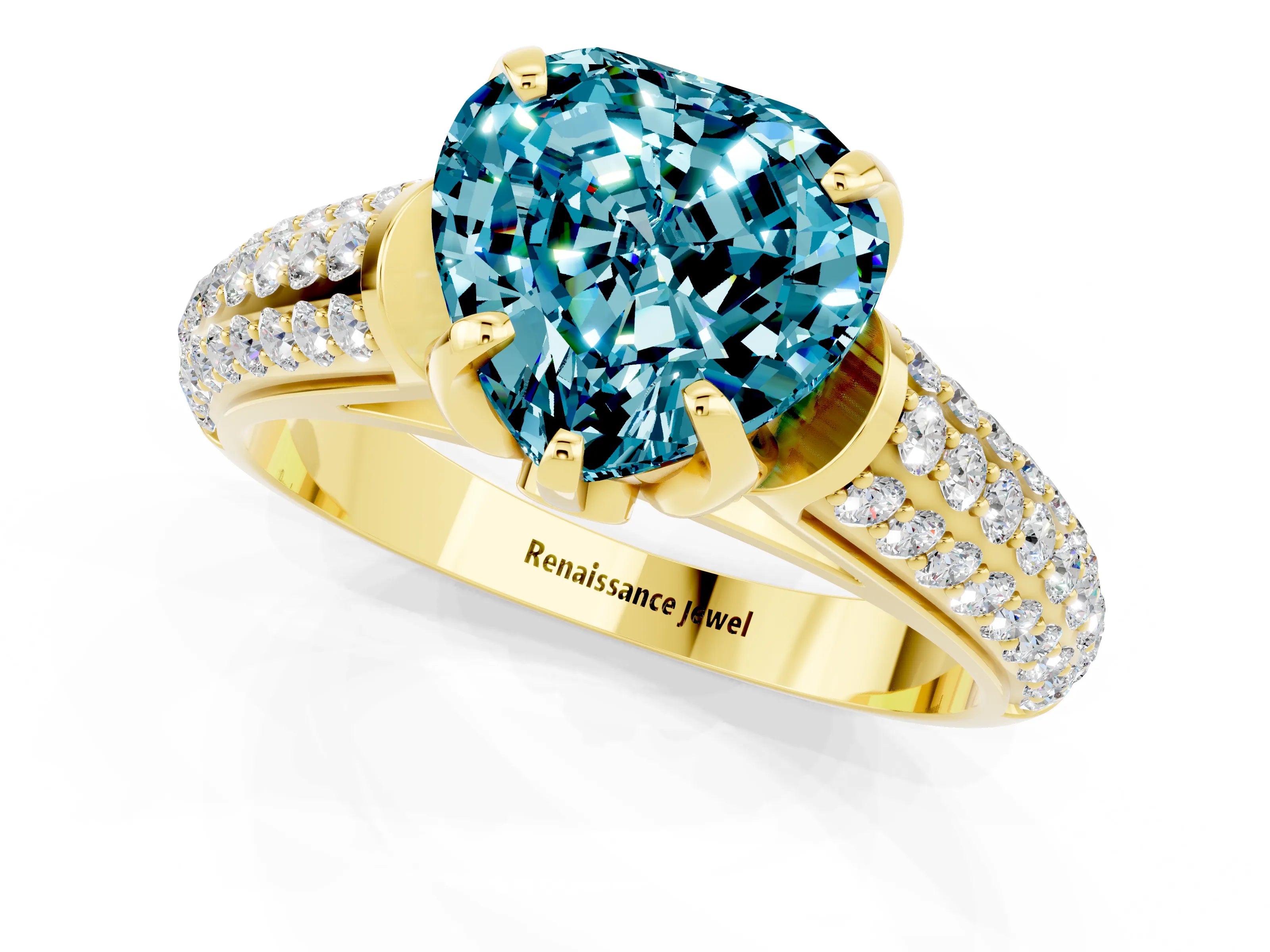 Yellow gold Heart Cut Blue Topaz Solitaire Ring with Three-Row Pavé Band and Four-Prong Setting_13