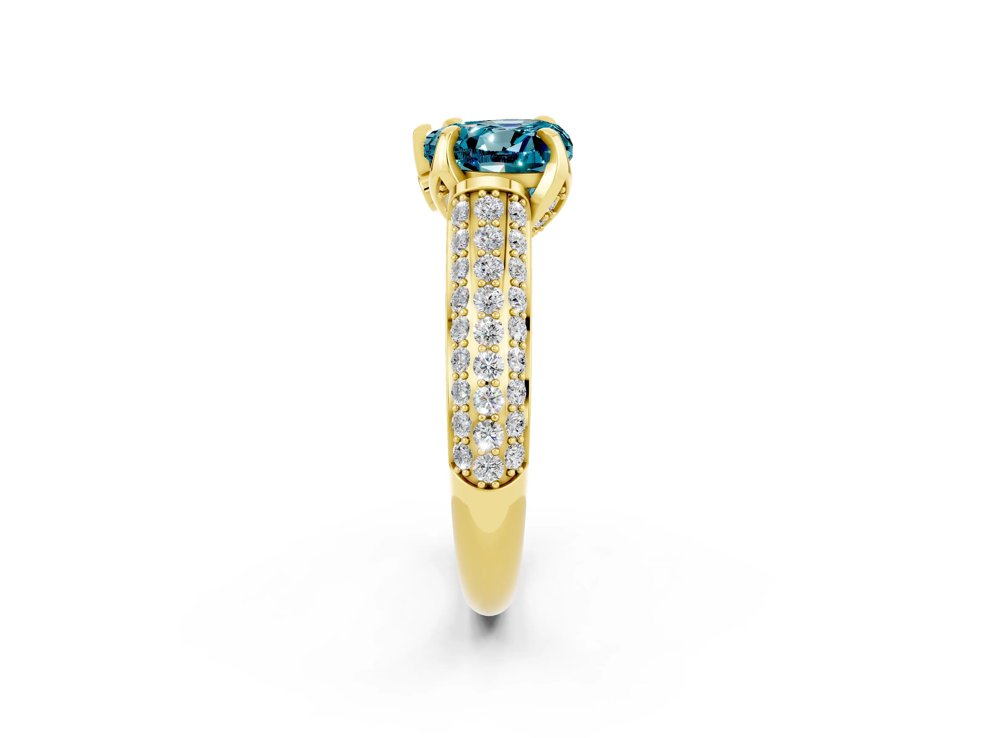 Yellow gold Heart Cut Blue Topaz Solitaire Ring with Three-Row Pavé Band and Four-Prong Setting_14