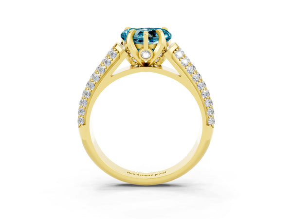 Yellow gold Heart Cut Blue Topaz Solitaire Ring with Three-Row Pavé Band and Four-Prong Setting