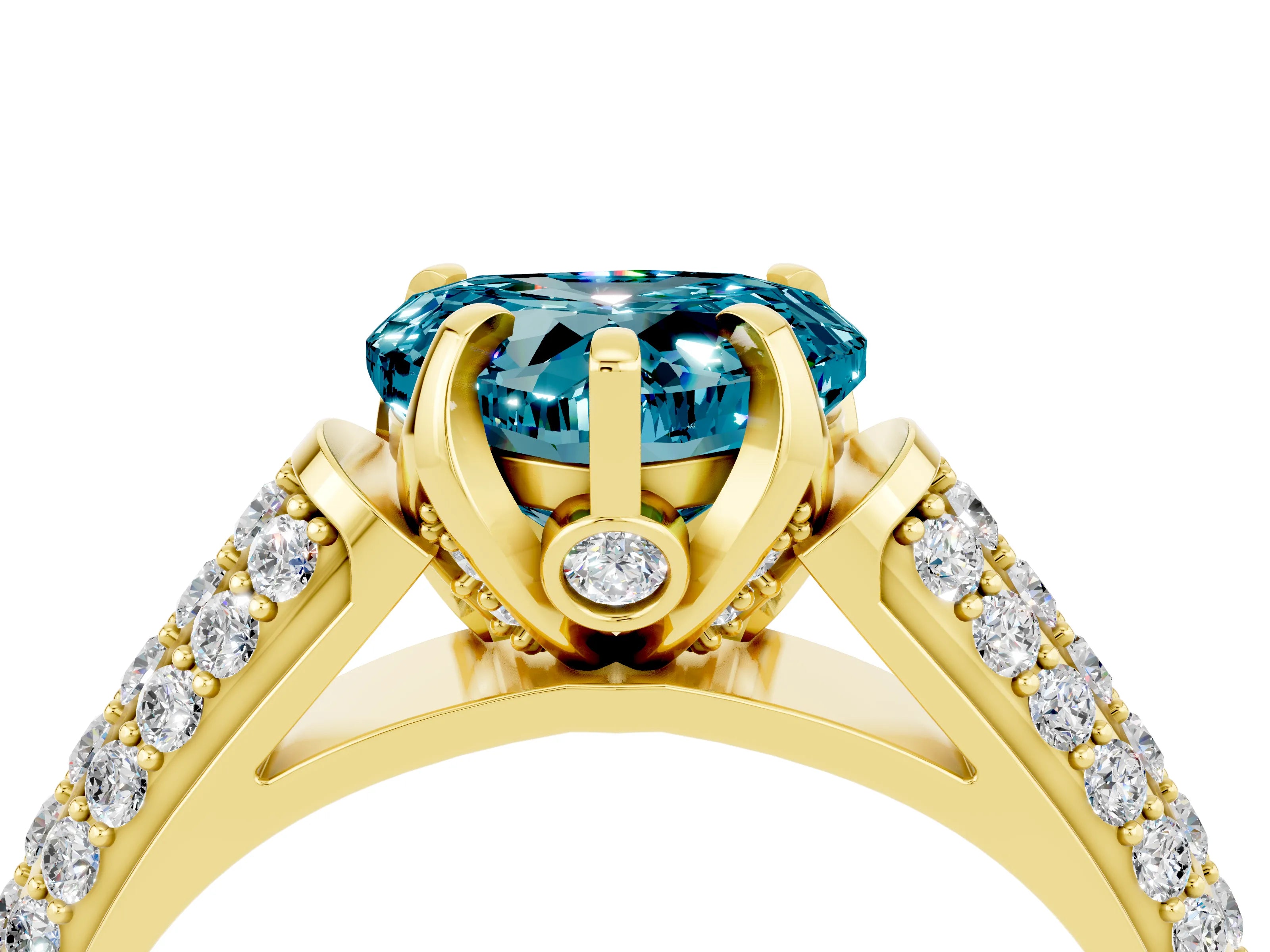 Yellow gold Heart Cut Blue Topaz Solitaire Ring with Three-Row Pavé Band and Four-Prong Setting_16