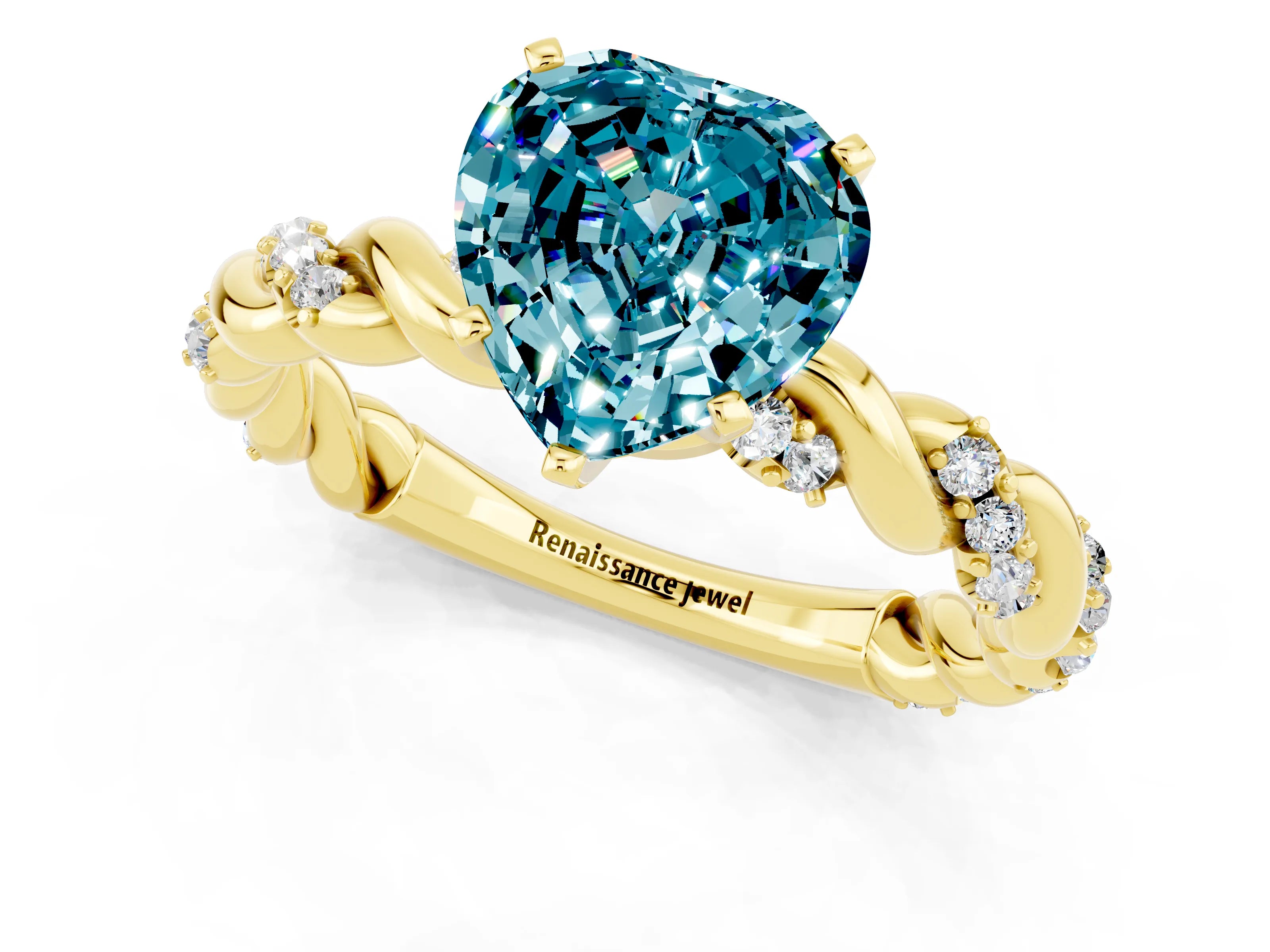 Yellow gold Heart Cut Blue Topaz Solitaire Ring with Twisted Band and Pavé Accents_1